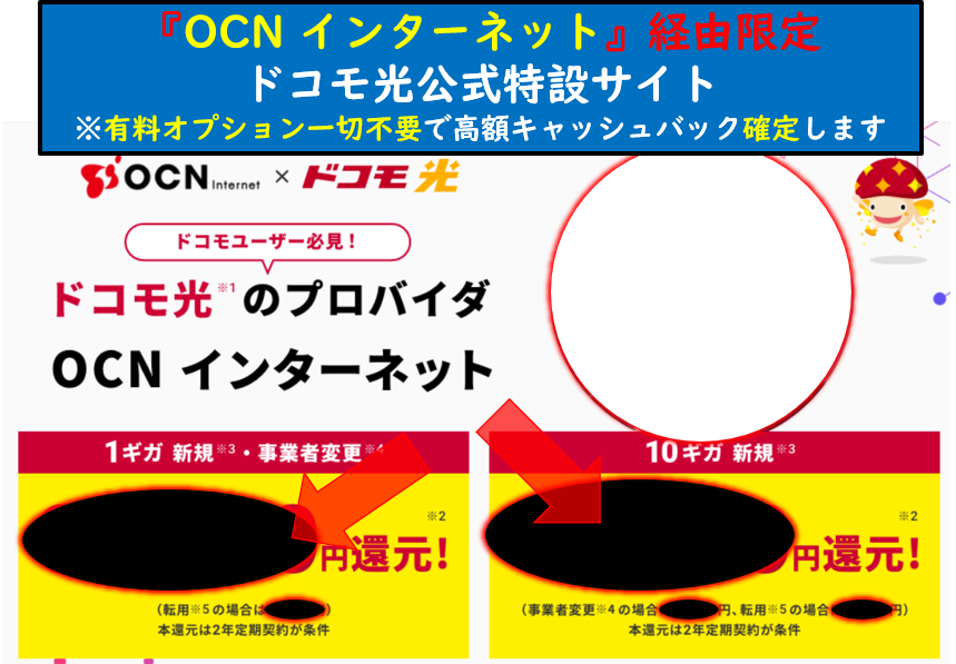 OCN インターネット経由限定×ドコモ光公式特設サイトキャッシュバック特典